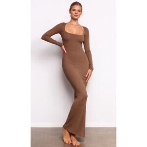 NWT SKIMS Soft Lounge Maxi Dress XL Brown Oxide Ribbed Long Sleeve Bodycon